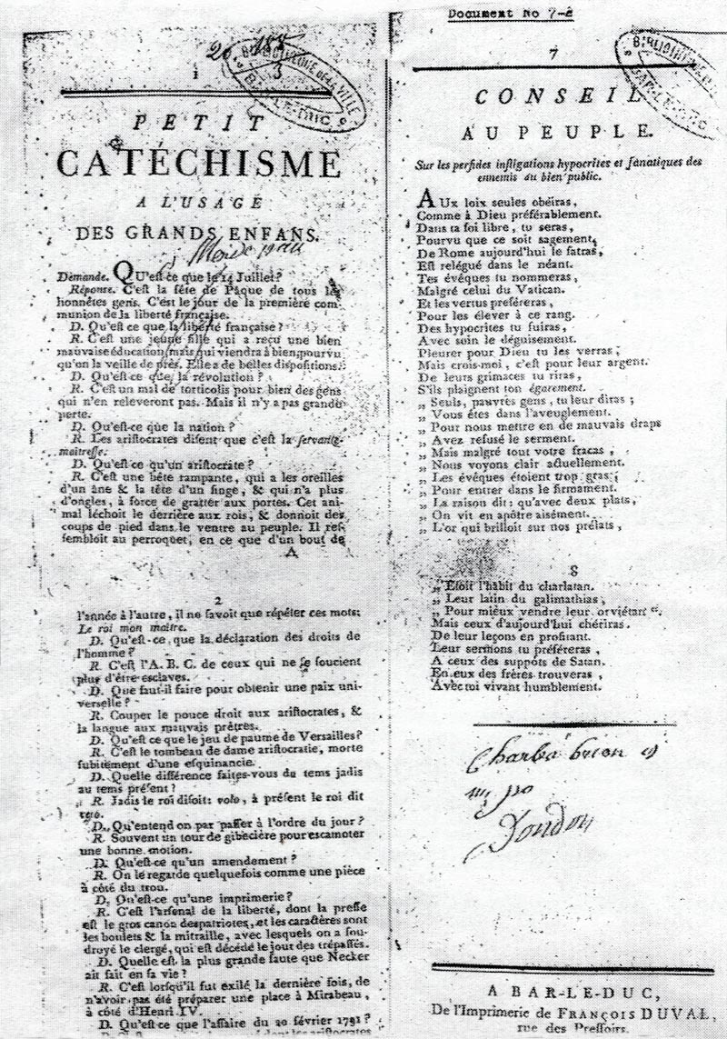Exemplaire d'un "catéchisme républicain" distribué dans le Barrois pendant la Révolution