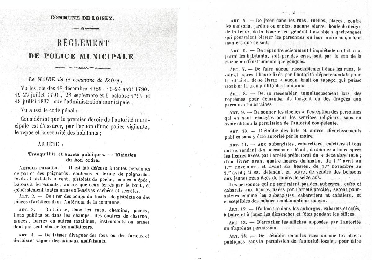 Réglement de police municipale appliqué à Loisey en 1858